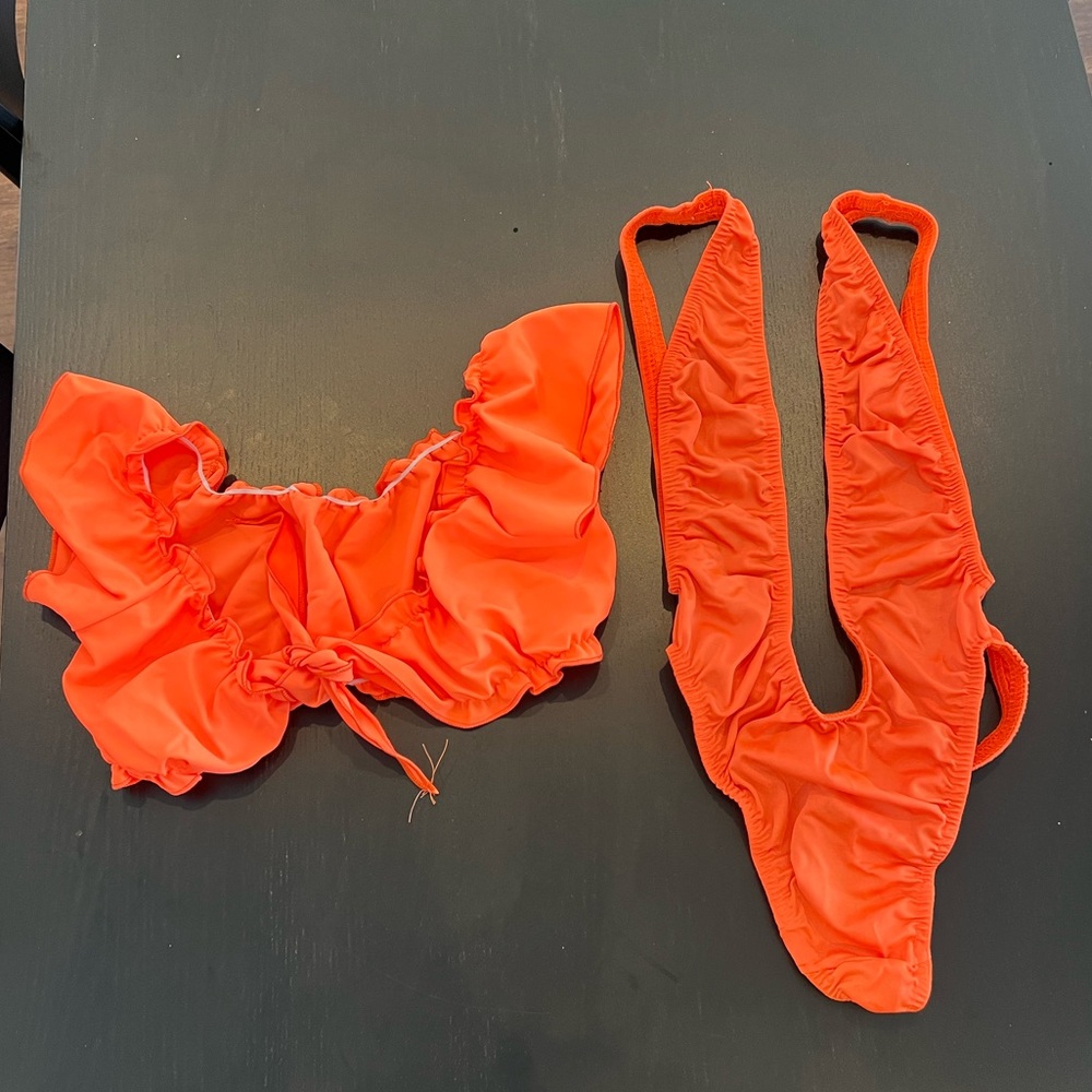 Neon Orange Exotic Dancewear Bundle - Angel Candy Tie Top/Orange One-Piece